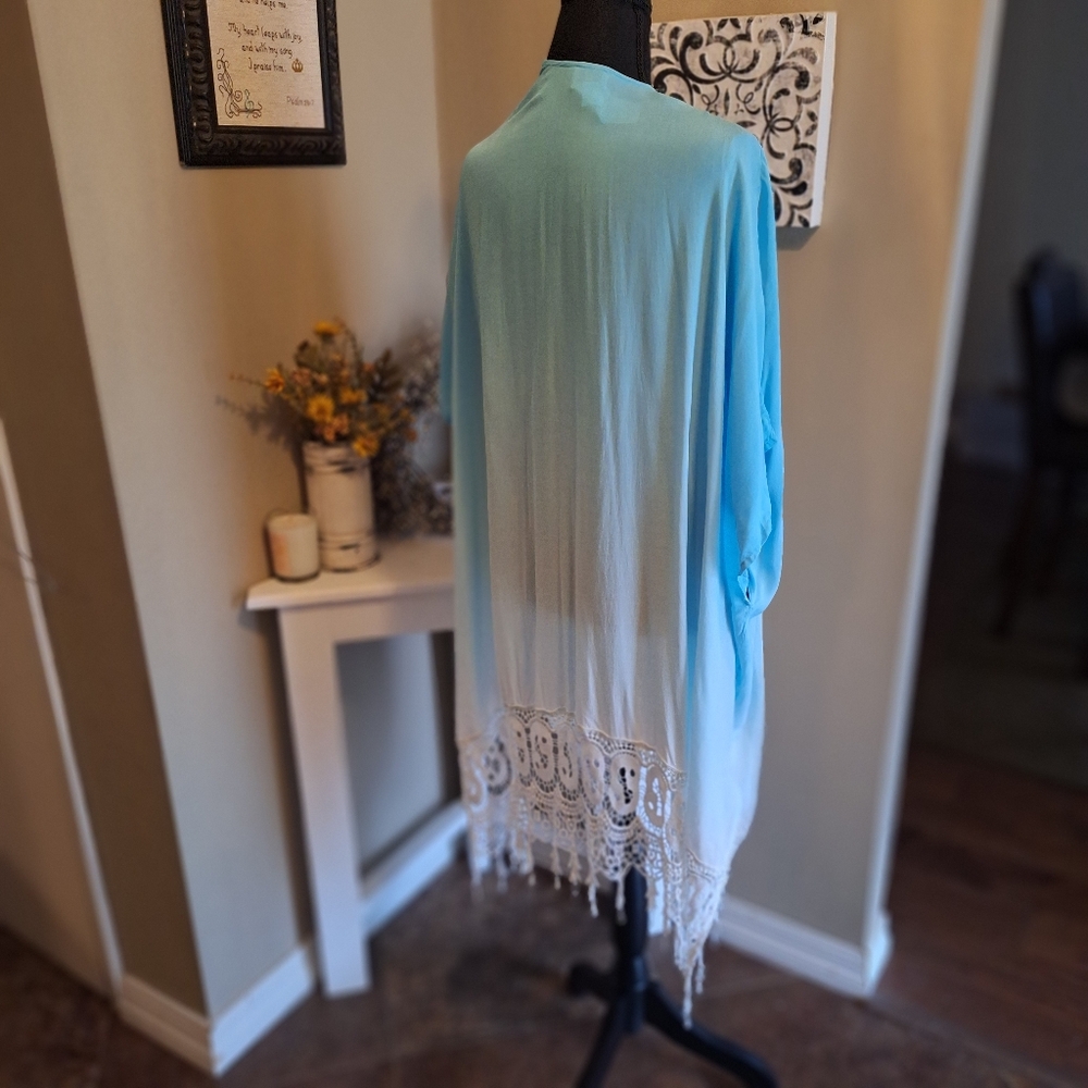 Chico's Coastal Boho vibes Teal White Women's Flowy Kimono Cover Up L/XL - Picture 2 of 16